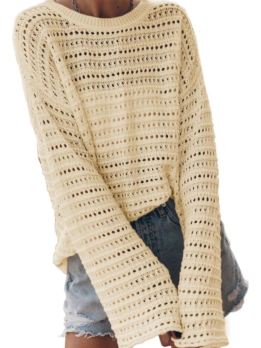 Lightweight Cream Open-Weave Crewneck Sweater